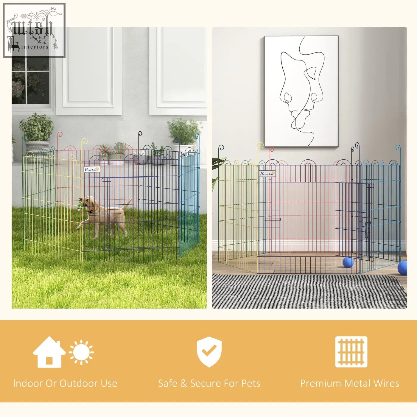 Colorful metal pawhut pet playpen with six panels and decorative curved top bars for indoor and outdoor use