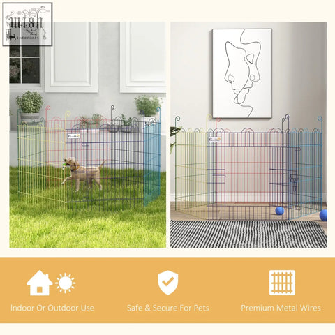 Colorful metal pawhut pet playpen with six panels and decorative curved top bars for indoor and outdoor use