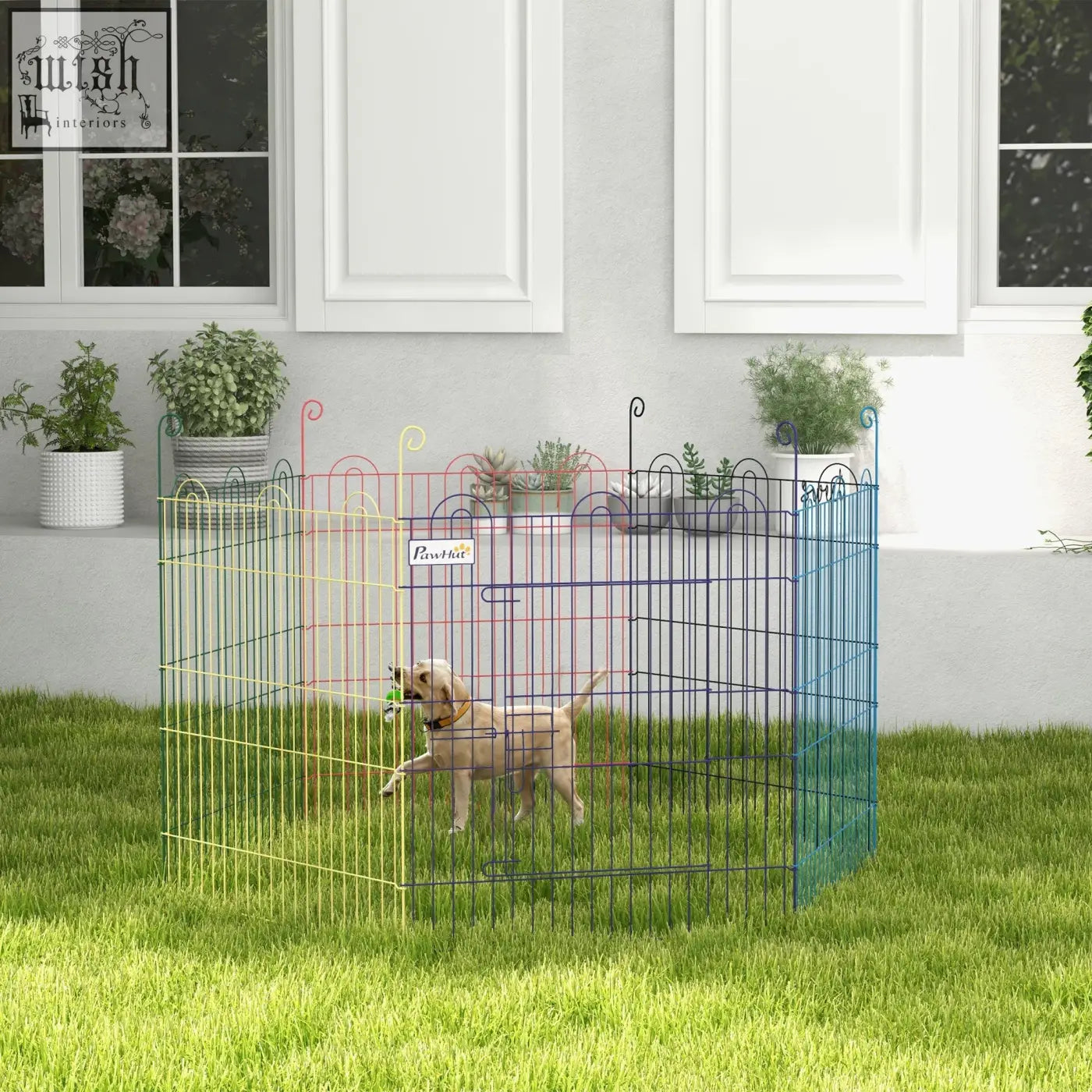 Colorful metal pawhut pet playpen with six panels and decorative curved top edges for indoor and outdoor use