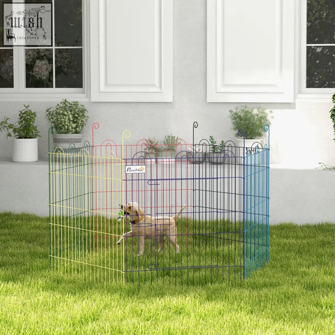 Colorful metal pawhut pet playpen with six panels and decorative curved top edges for indoor and outdoor use