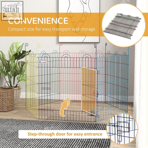 Colorful six panel pawhut pet playpen with step-through door and compact design for easy indoor and outdoor use