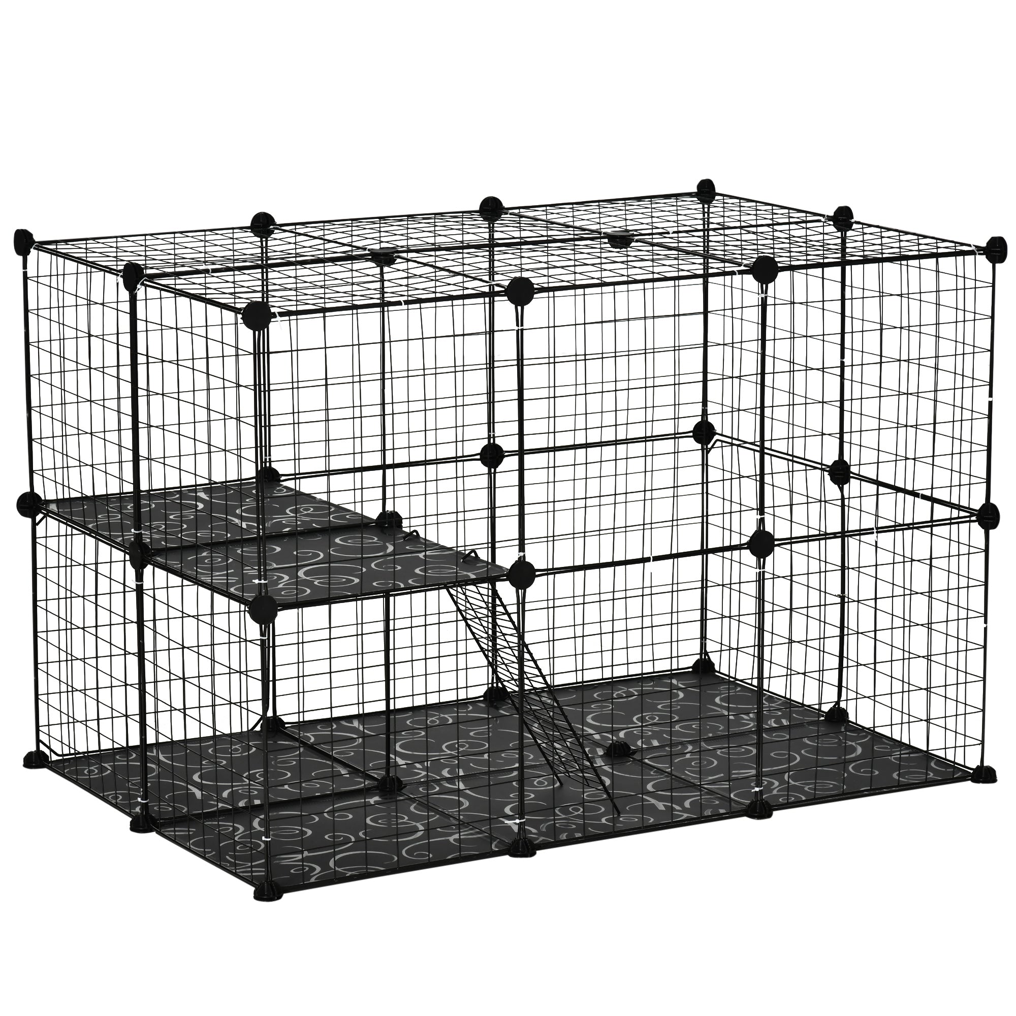Black wire mesh pawhut pet playpen with three large doors non-slip mats corner connectors and decorative swirl platforms