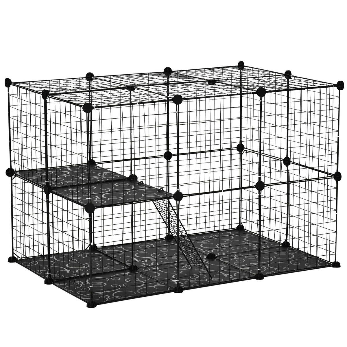 Black wire mesh pawhut pet playpen with three large doors non-slip mats corner connectors and decorative swirl platforms