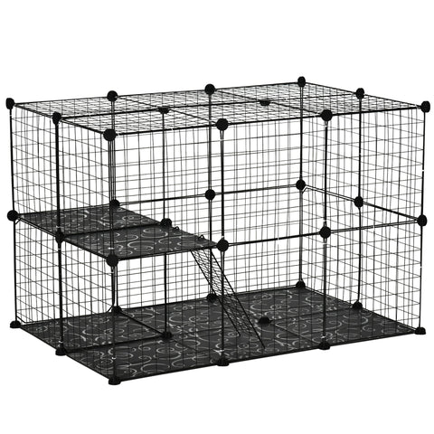 Black wire mesh pawhut pet playpen with three large doors non-slip mats corner connectors and decorative swirl platforms