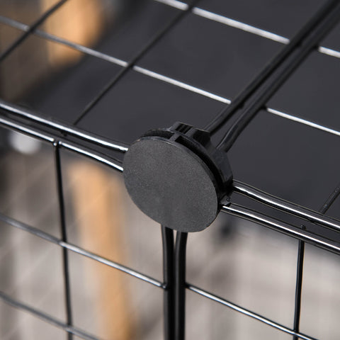 Black plastic circular connector securing metal grid of pawhut pet playpen with corner connectors and three large doors