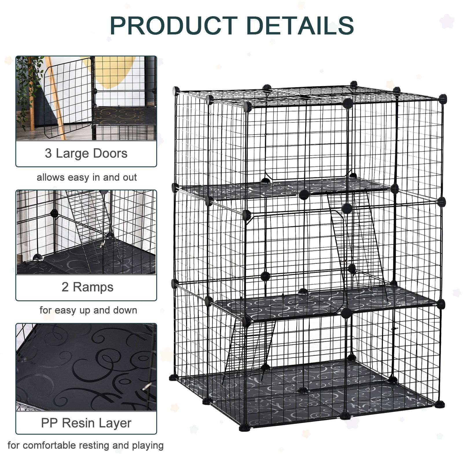 Black pawhut pet playpen wire mesh cage with three large doors decorative pp resin flooring and corner connectors