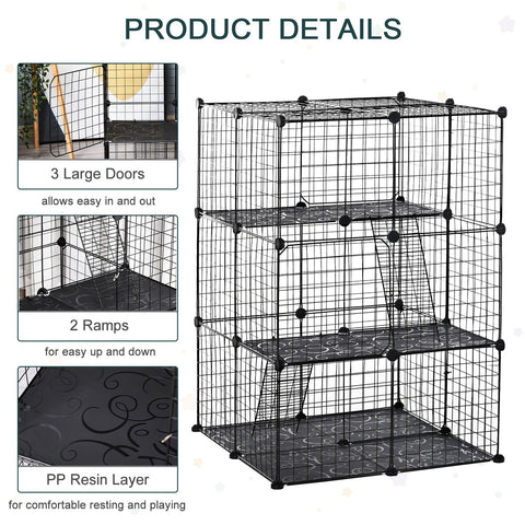 Black pawhut pet playpen wire mesh cage with three large doors decorative pp resin flooring and corner connectors