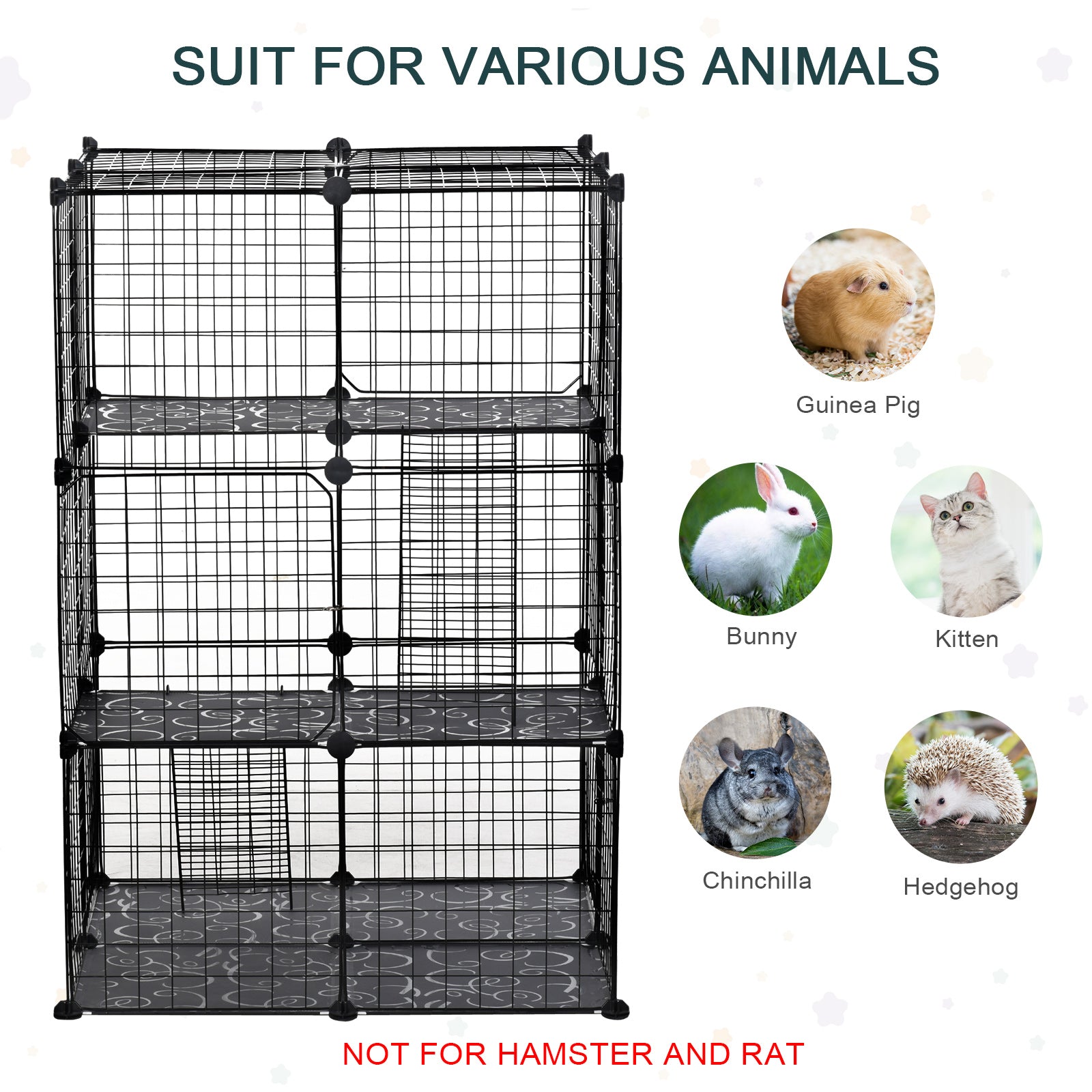 Black metal wire cage with patterned plastic shelves features three large doors non-slip mats and corner connectors for small pets