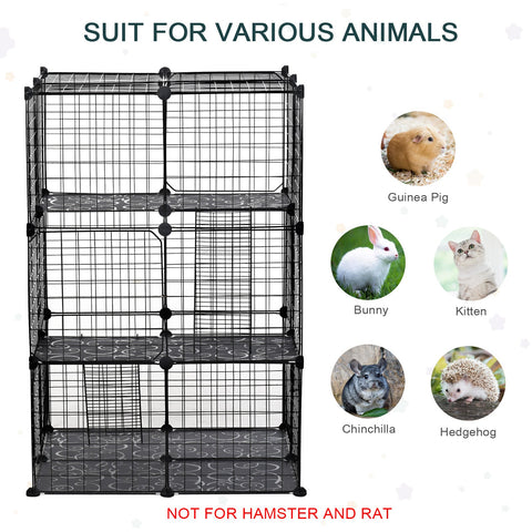 Black metal wire cage with patterned plastic shelves features three large doors non-slip mats and corner connectors for small pets
