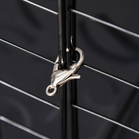 Silver dolphin-shaped lobster clasp used with pawhut pet playpen metal wire fence featuring three large doors and corner connectors