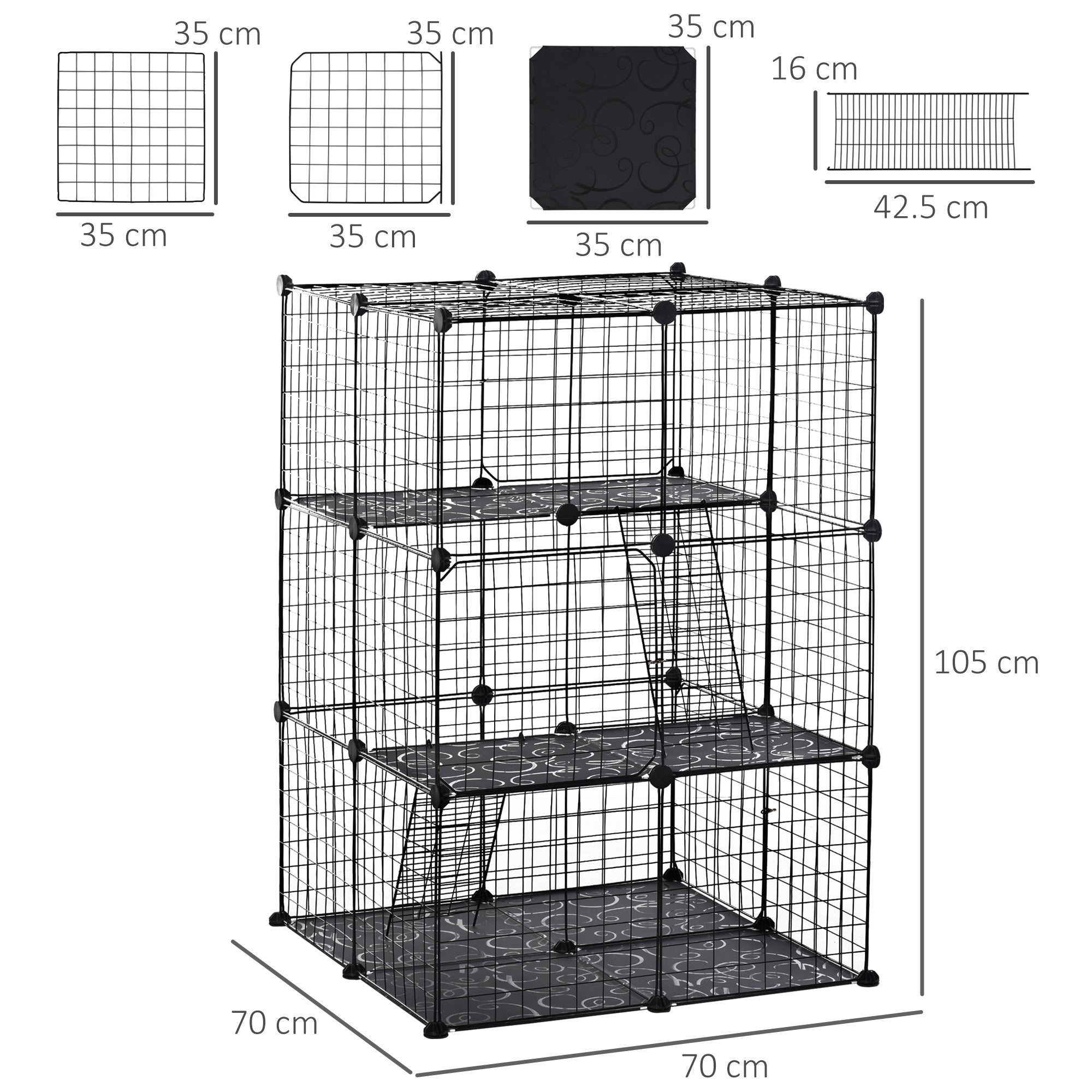 Pawhut black metal wire cage with three large doors three levels decorative trays non slip mats and corner connectors