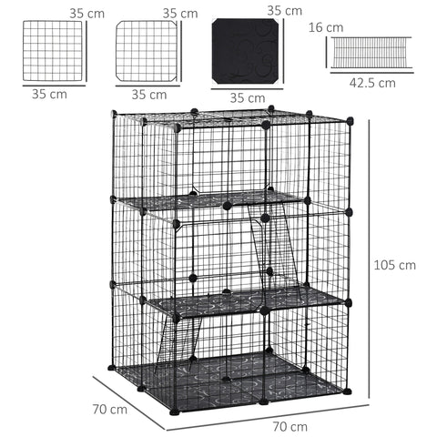Pawhut black metal wire cage with three large doors three levels decorative trays non slip mats and corner connectors