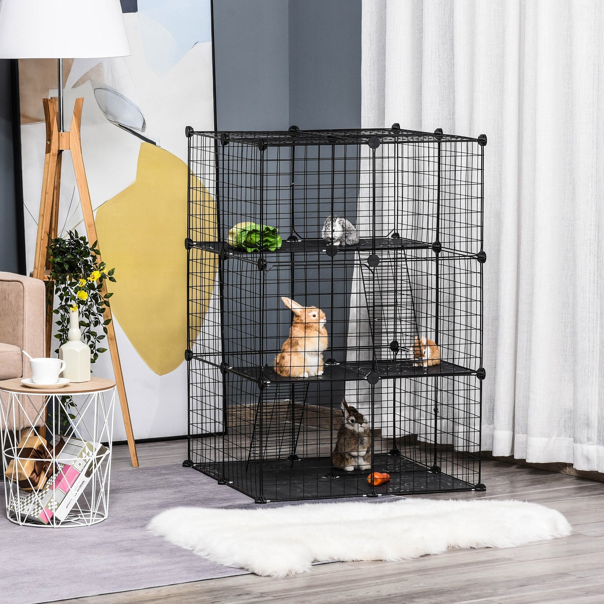 Black wire mesh pet playpen with three large doors corner connectors and non-slip mats for small animals