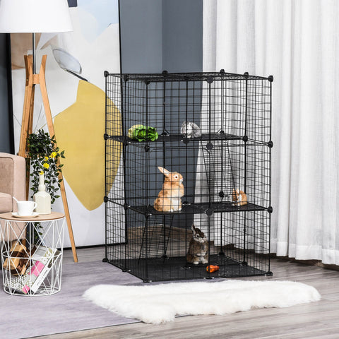 Black wire mesh pet playpen with three large doors corner connectors and non-slip mats for small animals