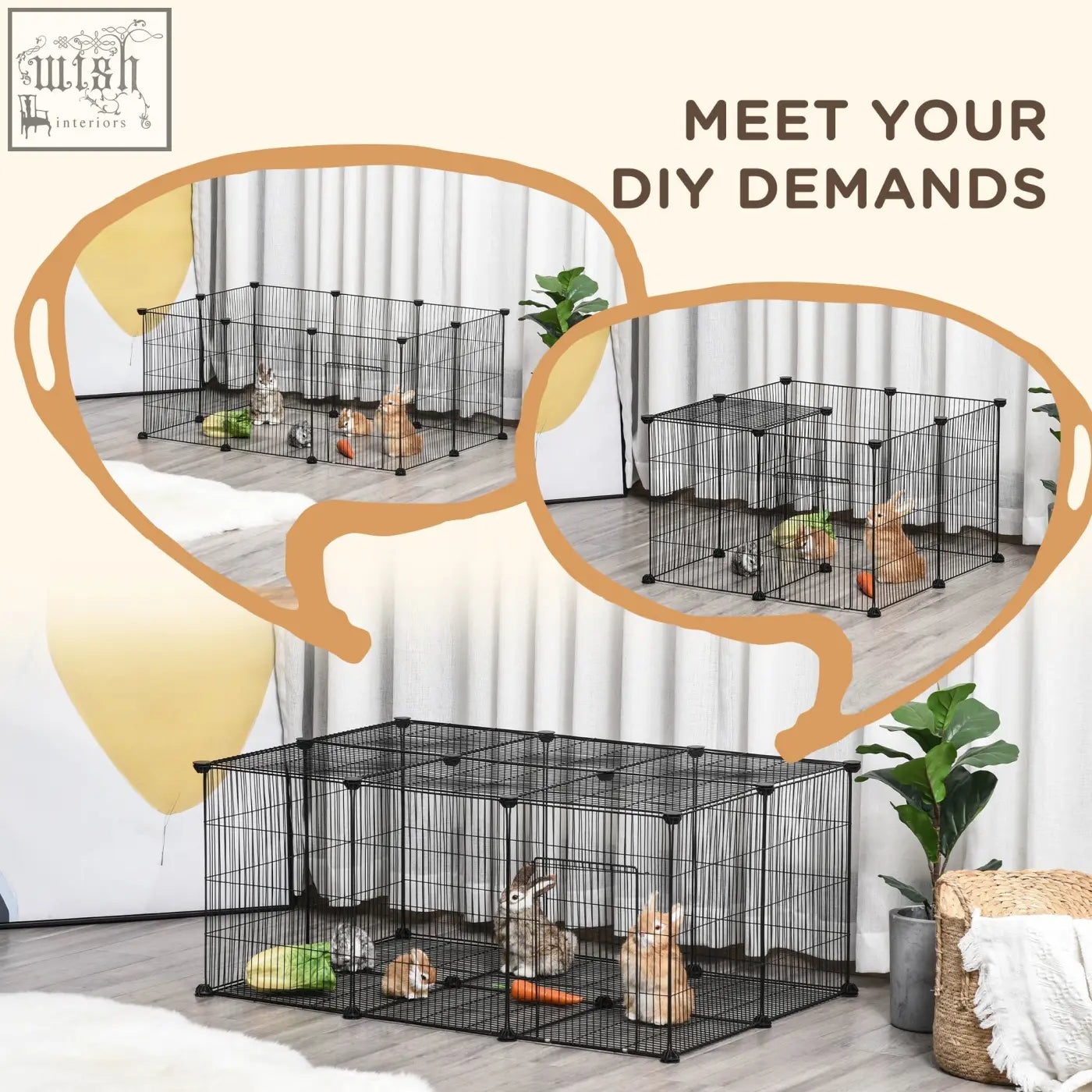 Black metal wire pet playpen with modular panels and door using cable ties for guinea pigs and small animals