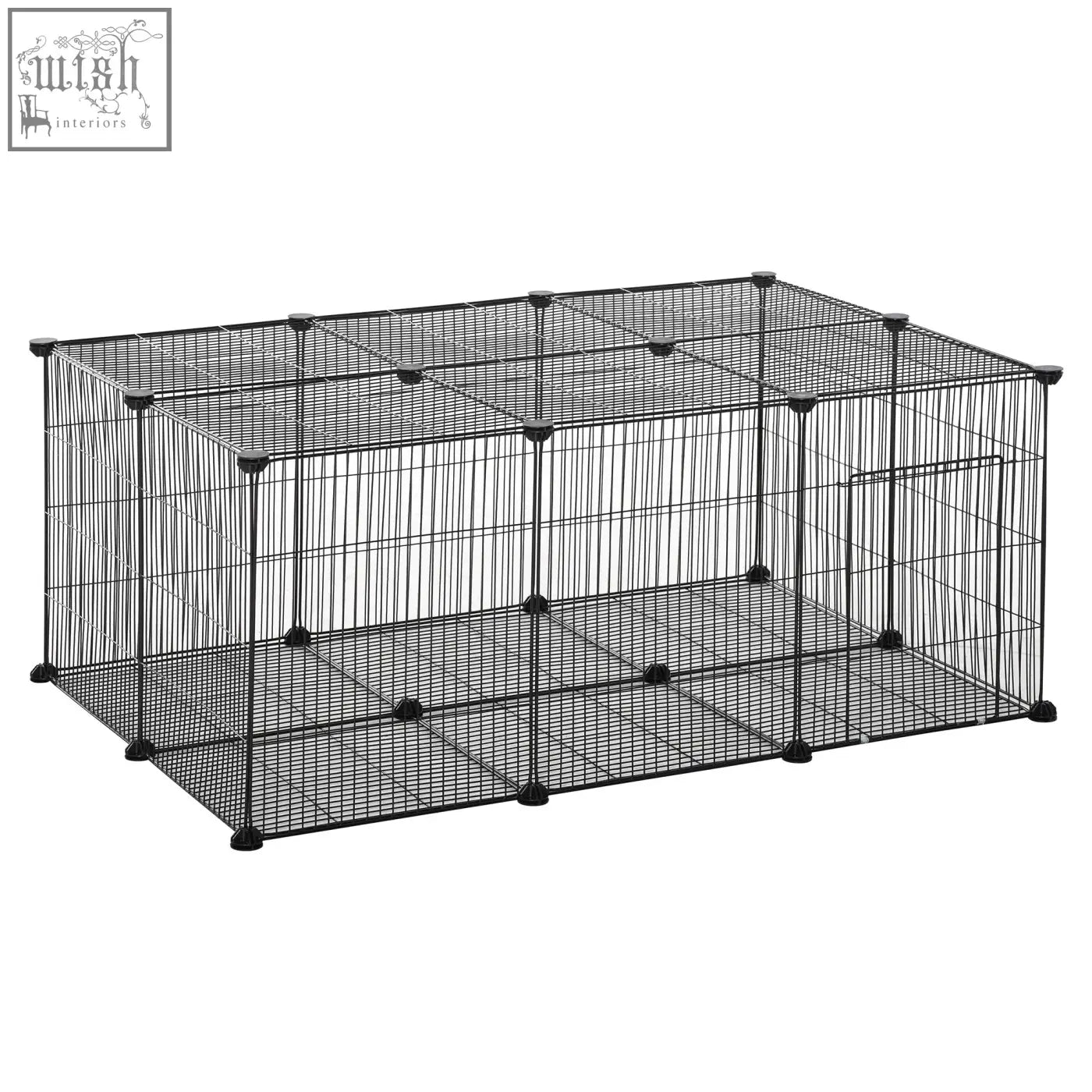 Black metal wire mesh pet enclosure with modular panels and door for small animals like guinea pigs secured with cable ties