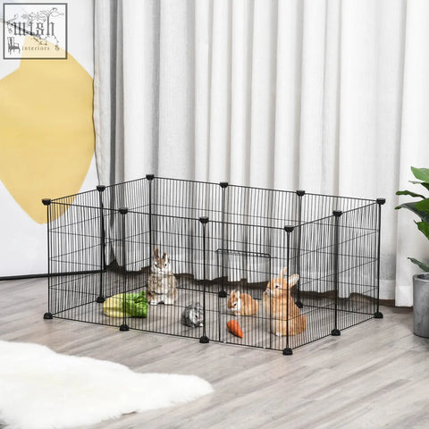 Black metal pet playpen with interlocking panels and door for small animals like guinea pigs and cable ties included