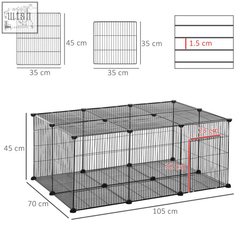 Black metal wire cage with modular design and labeled dimensions for pawhut pet playpen ideal for guinea pigs with cable ties