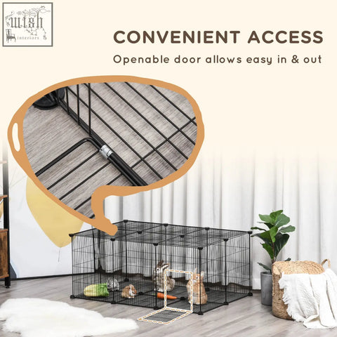 Black metal wire pet playpen with openable door and cable ties ideal for guinea pigs and small animals like bunnies