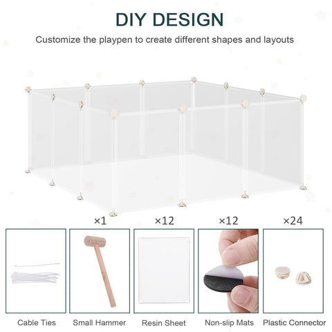 Clear plastic pawhut pet playpen panels with white metal connectors and non slip mats for diy small animals like guinea pig