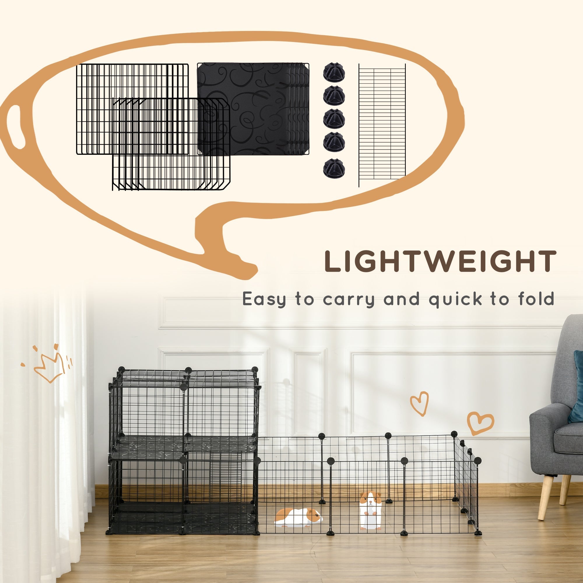 Black metal wire pawhut pet playpen with foldable sections and side-open door panels for small animals like guinea pig