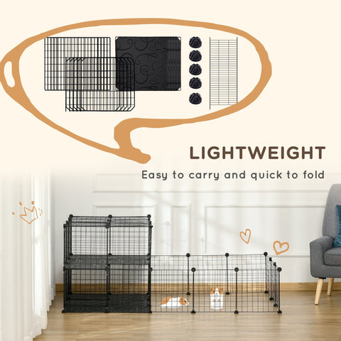 Black metal wire pawhut pet playpen with foldable sections and side-open door panels for small animals like guinea pig