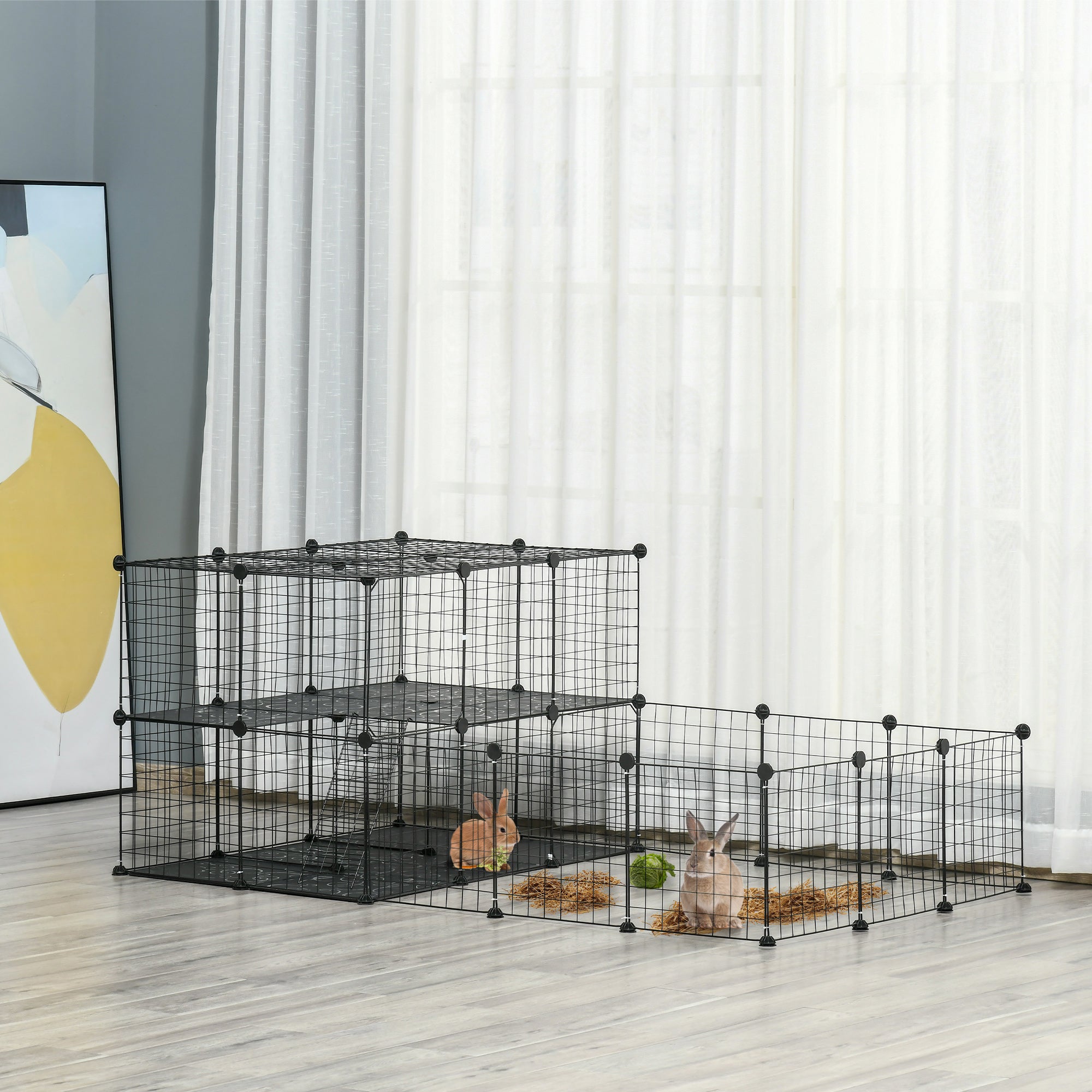 Black metal wire cage system with modular panels and side-open door panels for small animals like guinea pigs