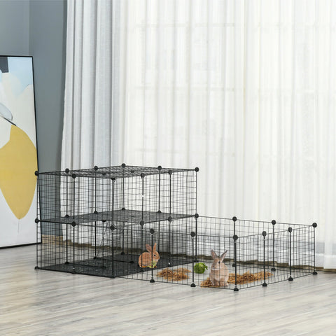 Black metal wire cage system with modular panels and side-open door panels for small animals like guinea pigs