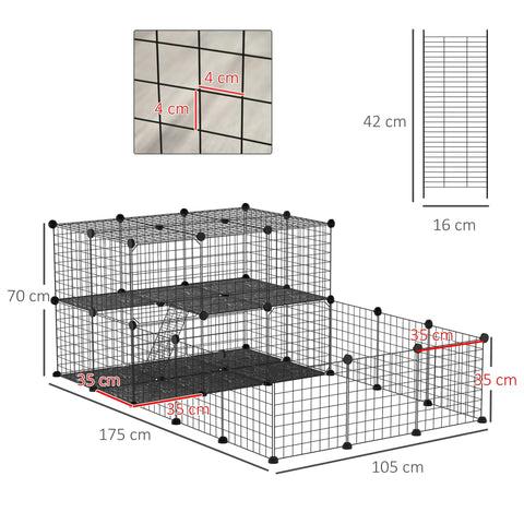 Black metal grid cage with modular panels and black plastic connectors for guinea pig and small animals playpen