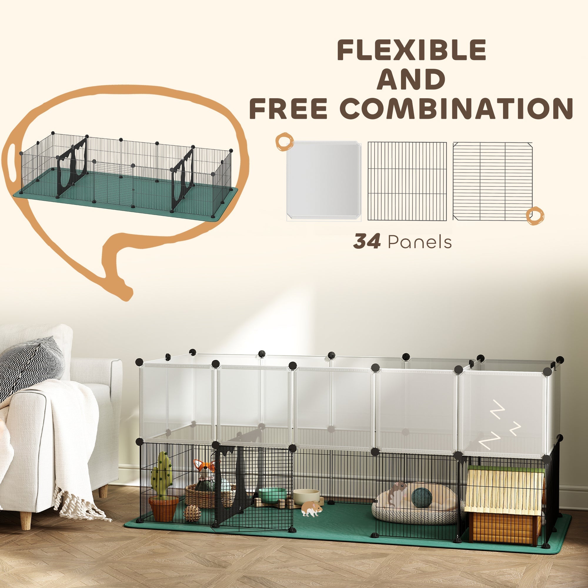 Pawhut pet playpen small animal cage with black metal frame and clear panels featuring 34 flexible sections