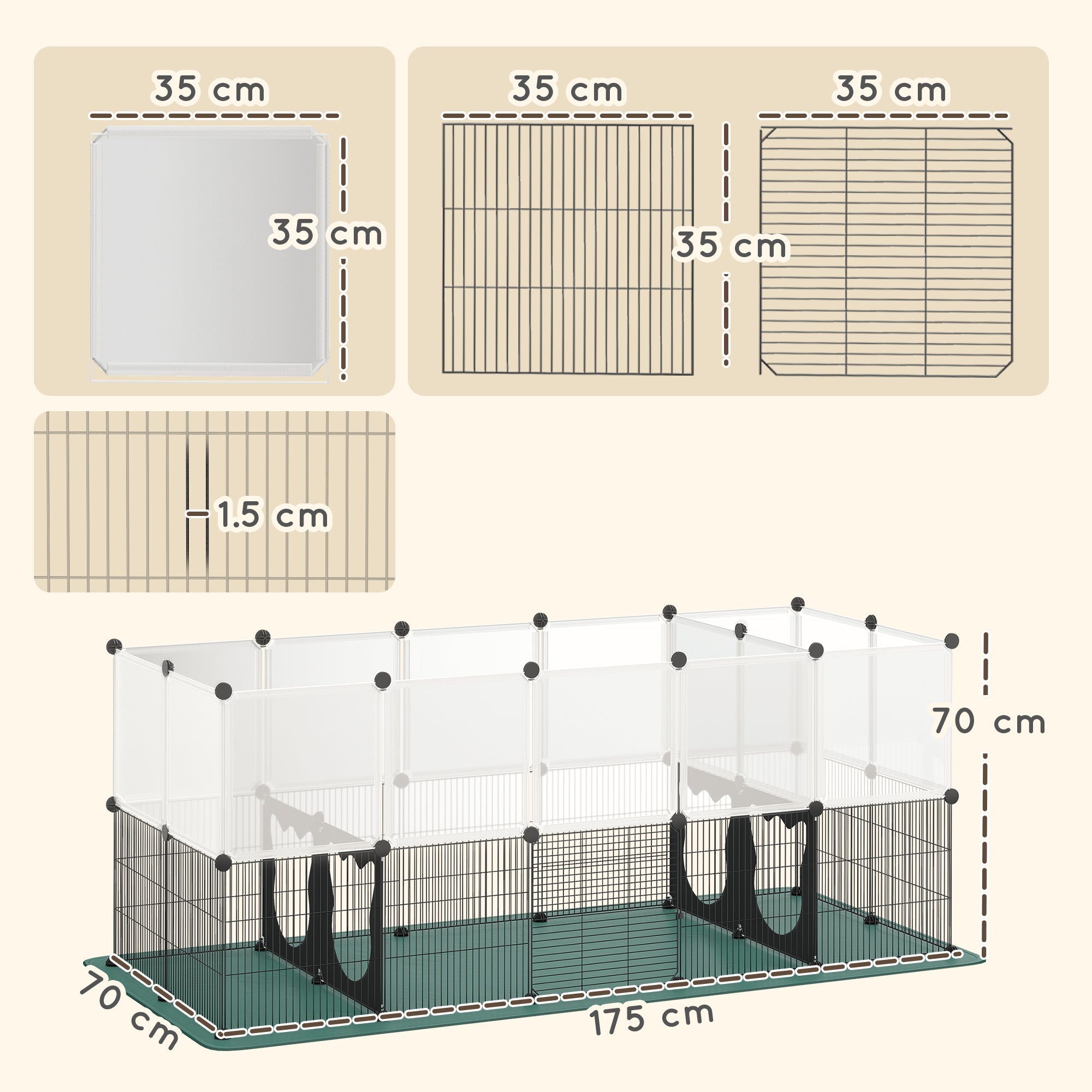Pawhut small animal cage with clear plastic panels and black metal grid flooring for indoor outdoor use