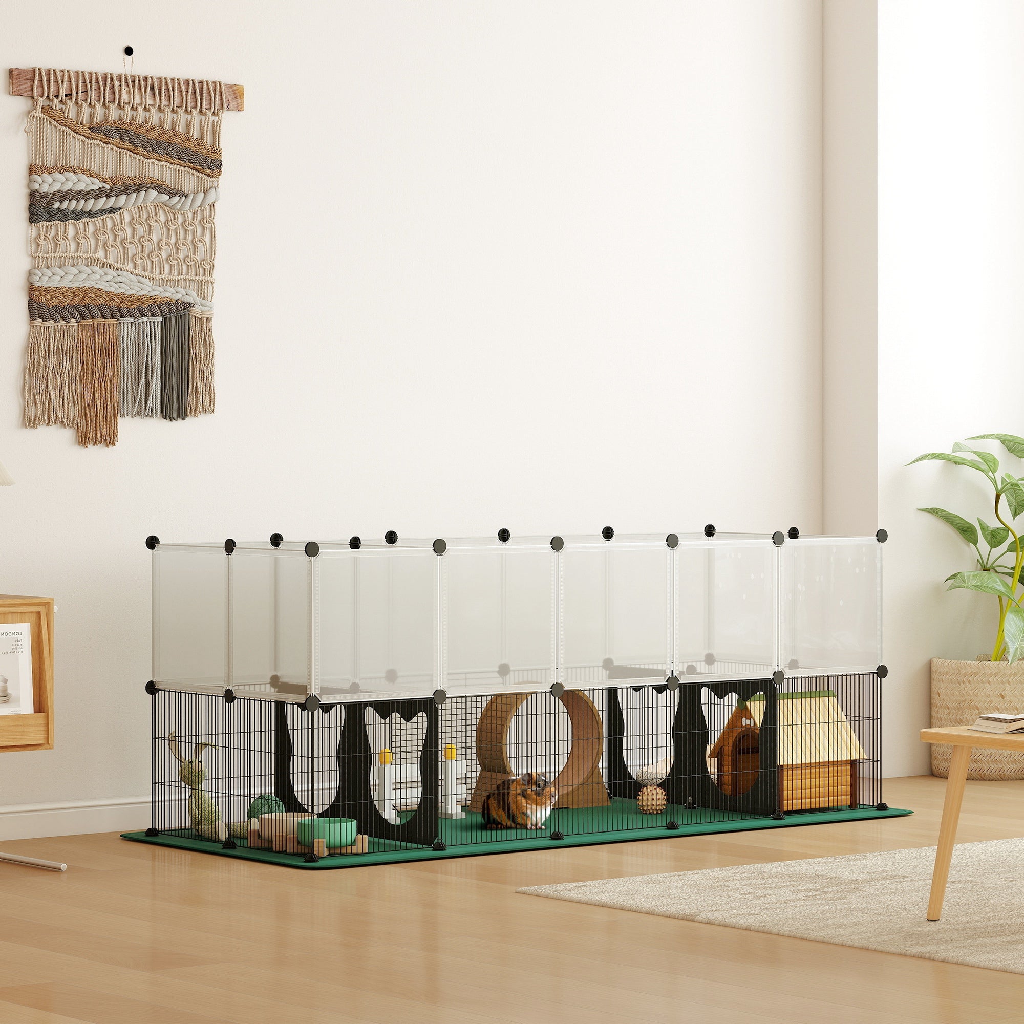 Pawhut small animal cage with clear plastic panels black metal frame and green waterproof mat for indoor outdoor use
