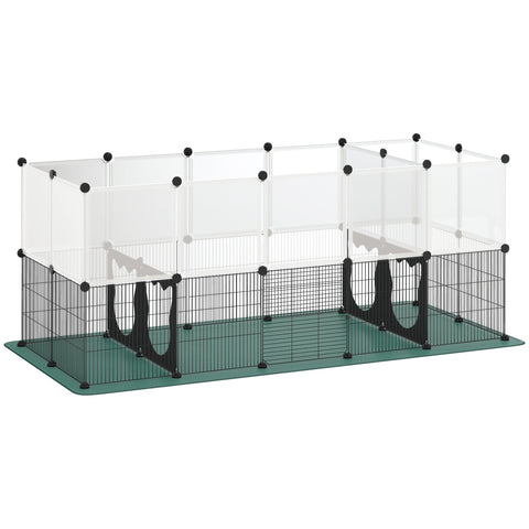 Black metal wire small animal cage with clear panels and green waterproof mat for indoor outdoor use
