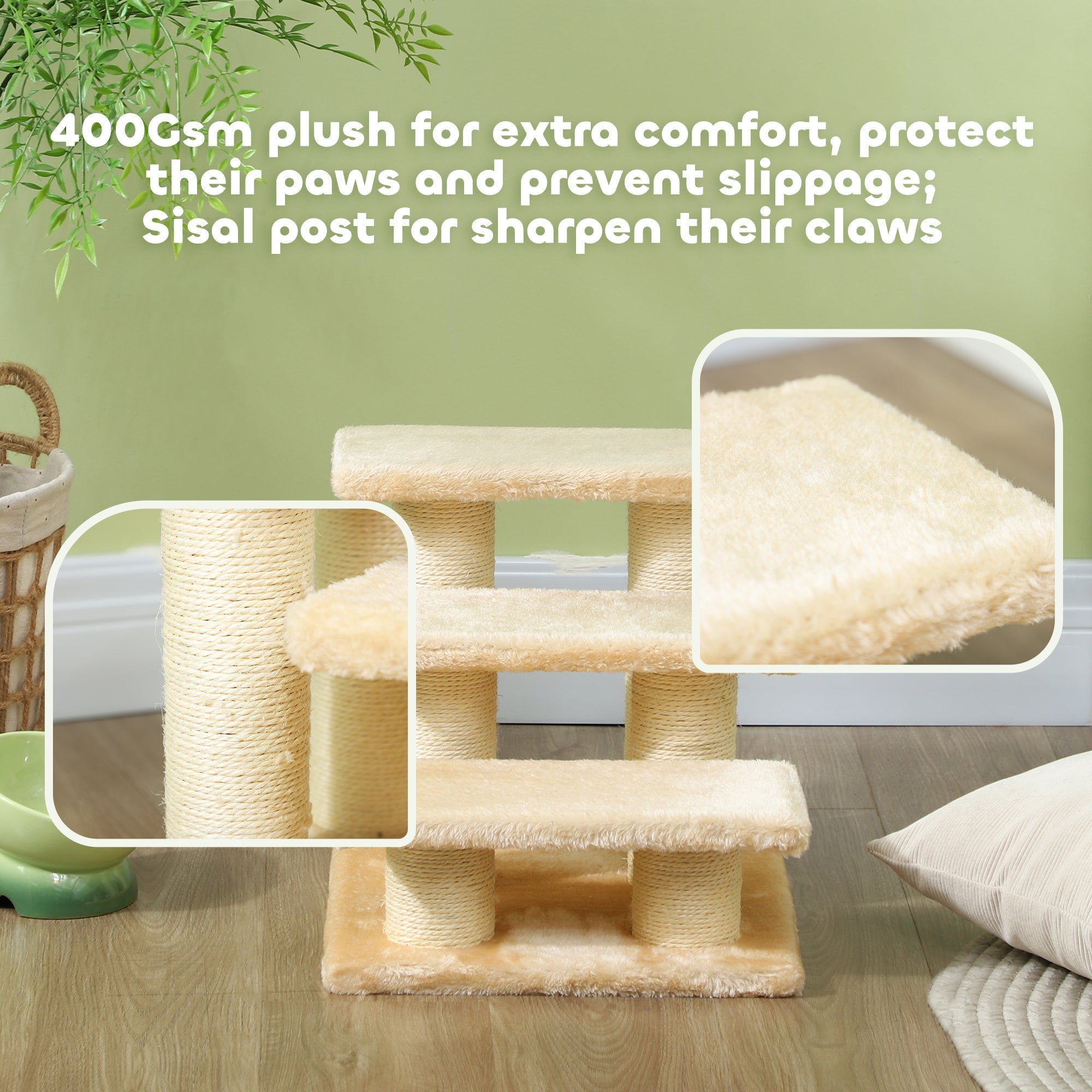 PawHut Pet Stairs 3-step Pet Ladder Cat dog Stairs Climb Ladder Cat Tree, Beige