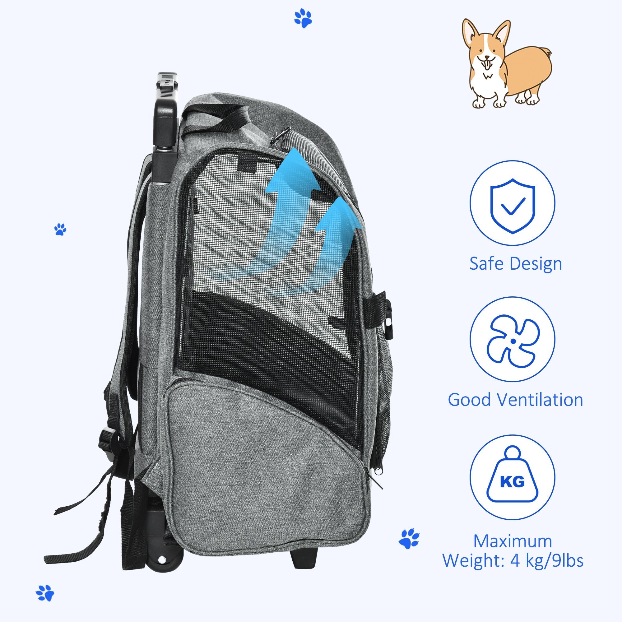 Gray PawHut dog carrier backpack made of oxford cloth with mesh sides and black wheels for easy movement