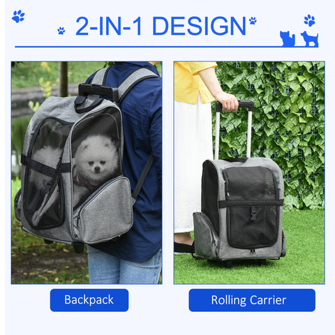 Gray and black pawhut dog carrier made of oxford cloth with mesh sides convertible to rolling suitcase for easy movement