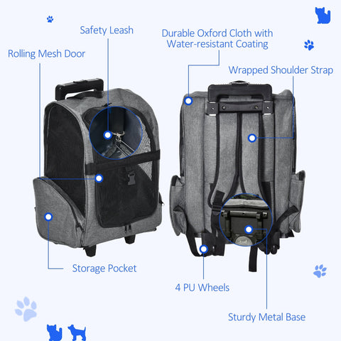 Gray pawhut pet travel backpack dog carrier with durable oxford cloth body and easy movement trolley wheels