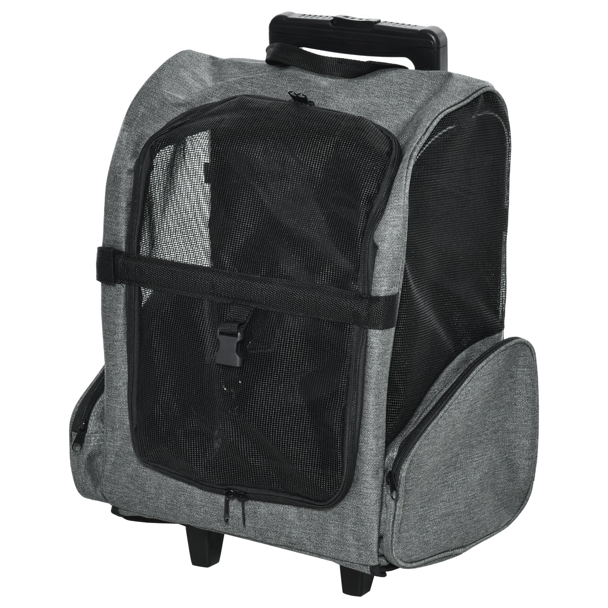 Gray and black oxford cloth dog carrier with mesh front panel retractable handle and wheels for easy movement