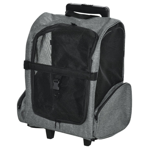 Gray and black oxford cloth dog carrier with mesh front panel retractable handle and wheels for easy movement