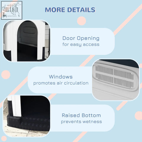 Grey and black pawhut plastic dog kennel with arched door ventilation windows and raised bottom for miniature dogs