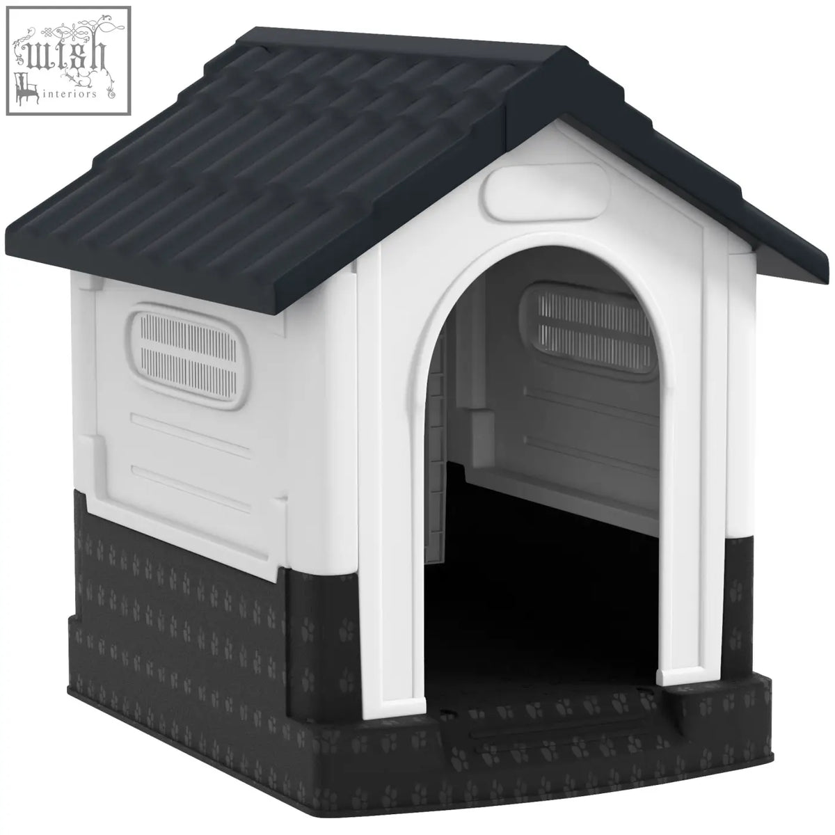 Pawhut plastic dog kennel in black and white plastic with tiled roof and paw print base for garden patio use
