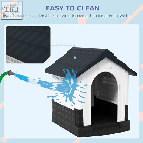 Black and white pawhut plastic dog kennel with textured roof and windows for garden patio miniature dogs
