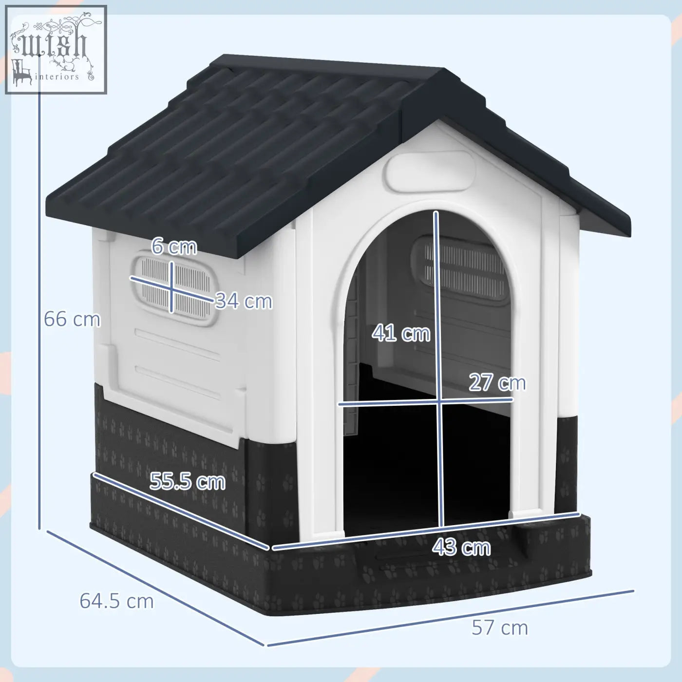 Black and white pawhut plastic dog kennel with tiled roof and arched doorway for garden patio miniature dogs