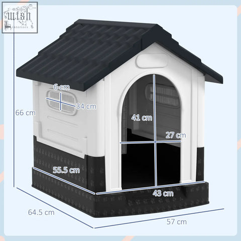 Black and white pawhut plastic dog kennel with tiled roof and arched doorway for garden patio miniature dogs