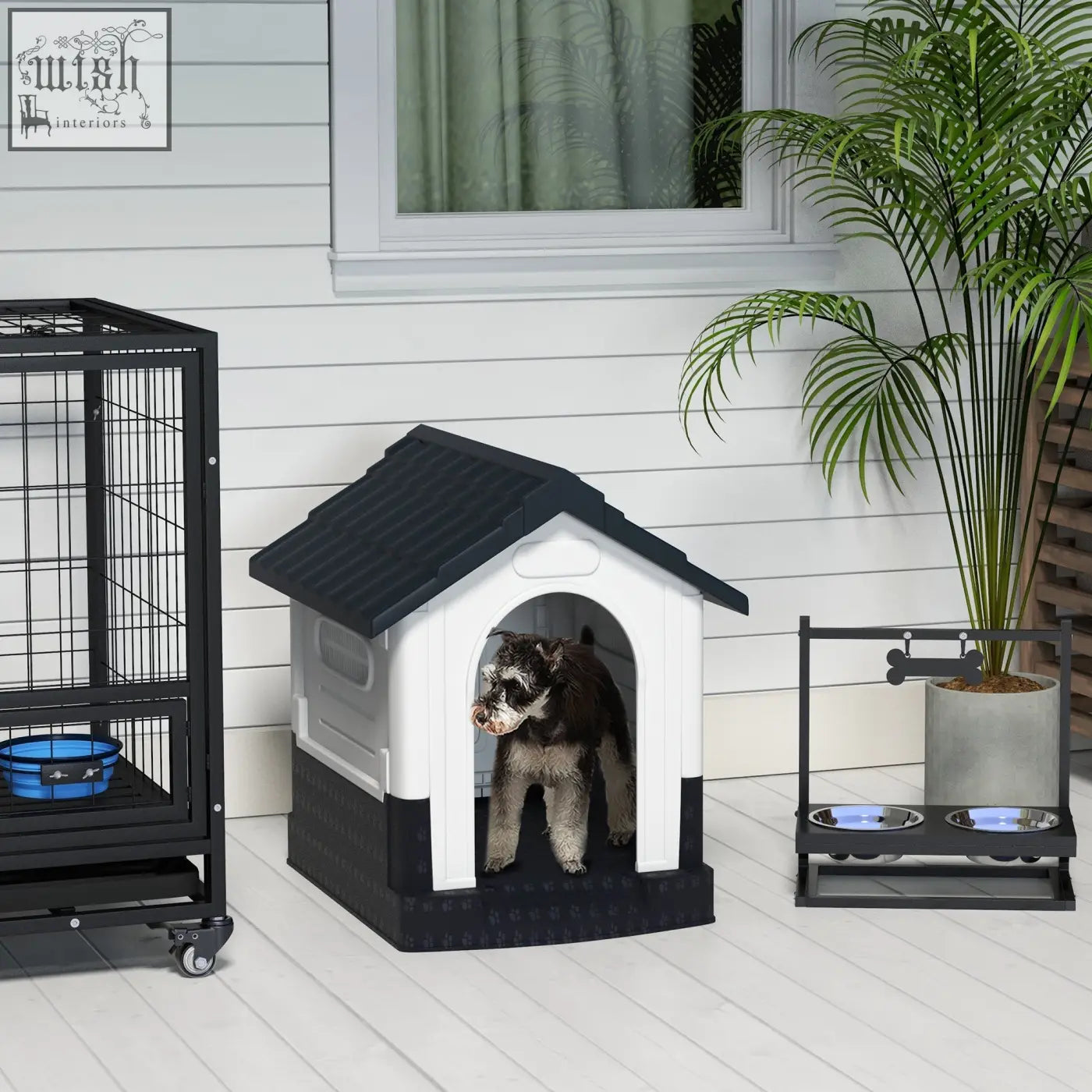 Grey and black pawhut plastic dog kennel with windows and sloped roof for garden patio miniature dogs