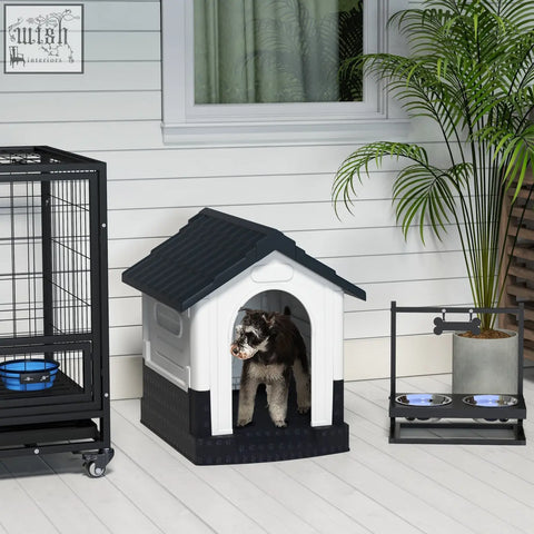 Grey and black pawhut plastic dog kennel with windows and sloped roof for garden patio miniature dogs