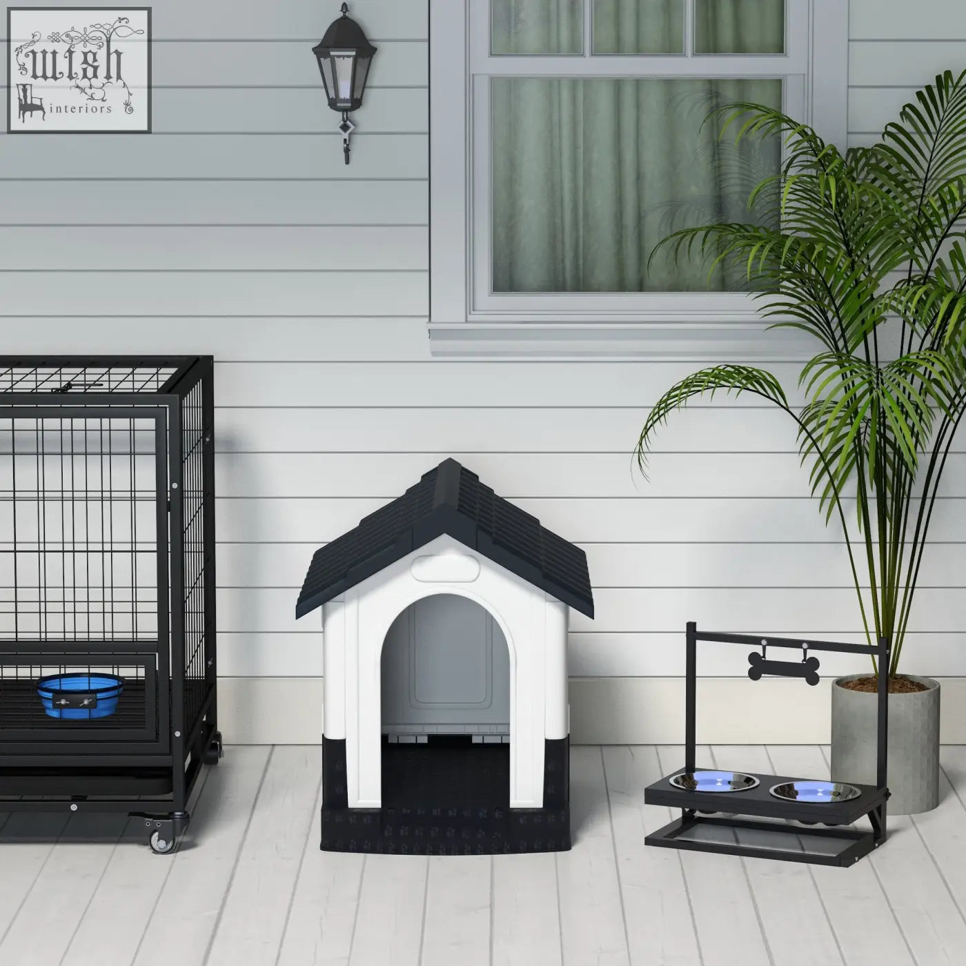 Black and white pawhut plastic dog kennel with roof design and windows for garden patio miniature dogs