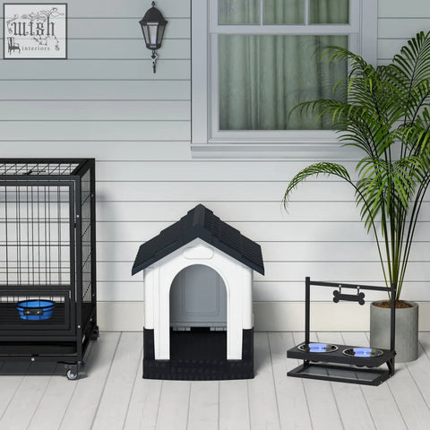 Black and white pawhut plastic dog kennel with roof design and windows for garden patio miniature dogs