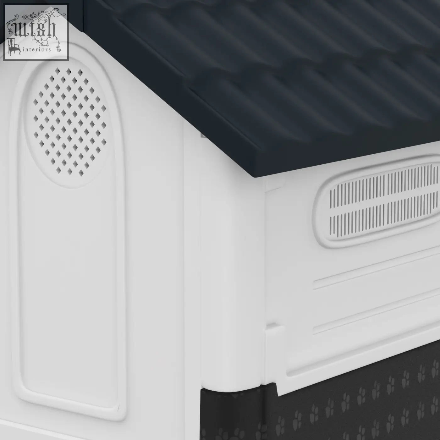 Pawhut plastic dog kennel in white and black with corrugated roof vented sides and paw print base for garden patio