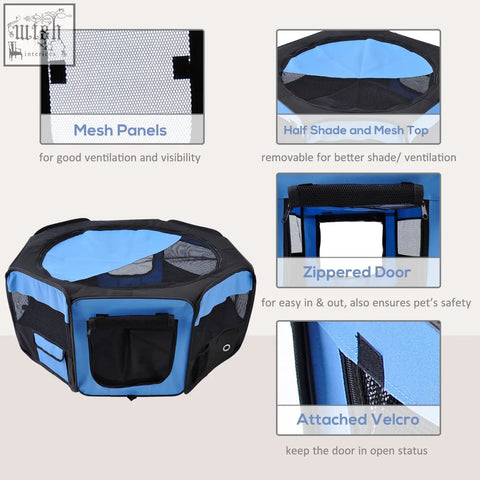 Blue and black hexagonal pawhut pet playpen with steel frame mesh panels zippered door and 600d oxford carrying bag
